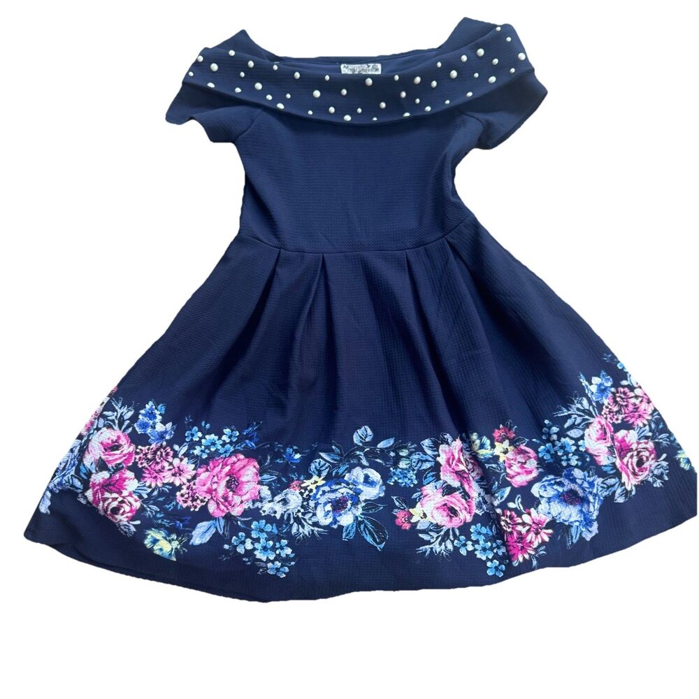 Knitworks Navy Floral Print Dress For Girls 14 or Women Size S with Pearls